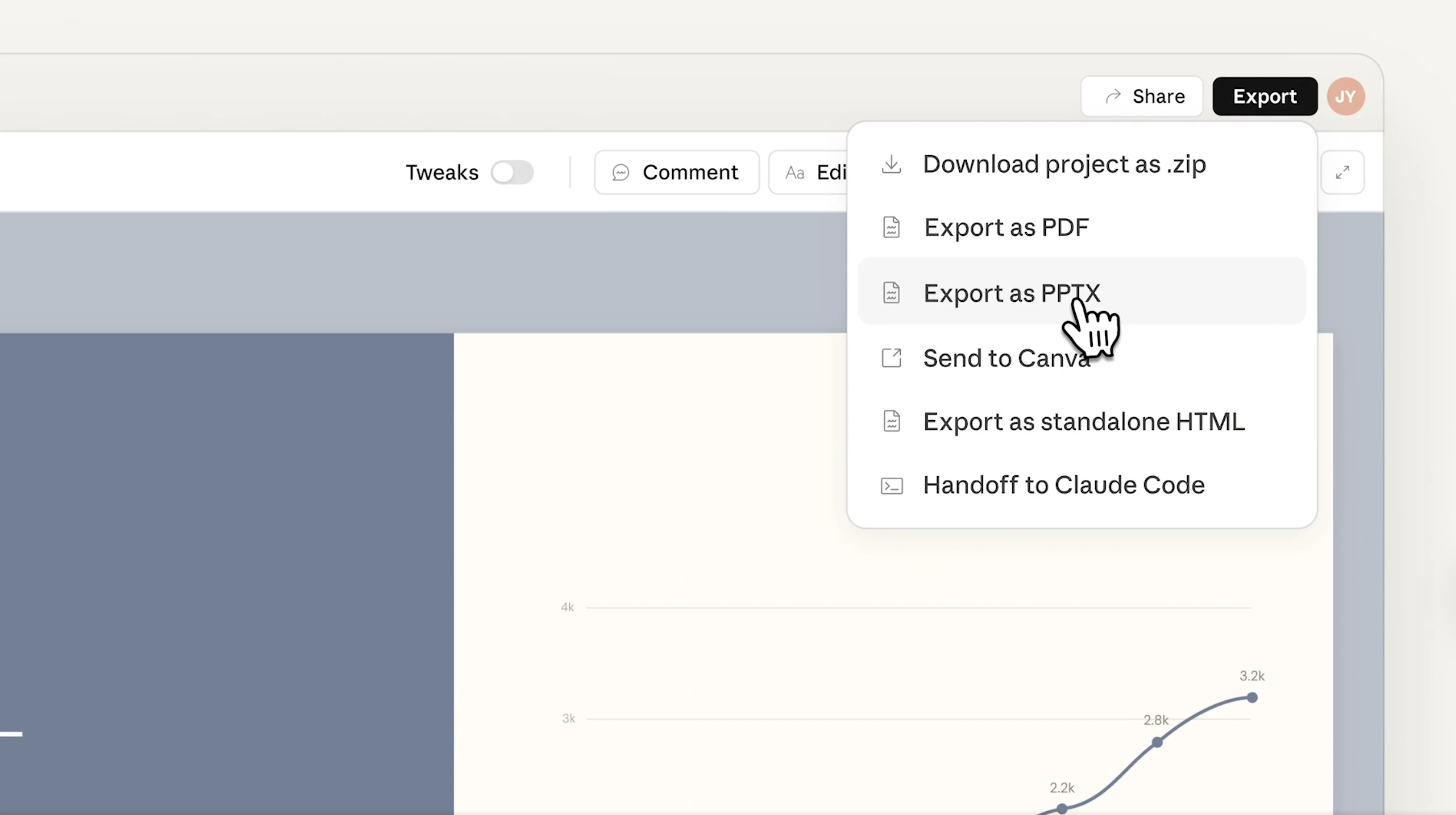 Claude Design export options — PDF, PPTX, HTML, Canva and Claude Code handoff
